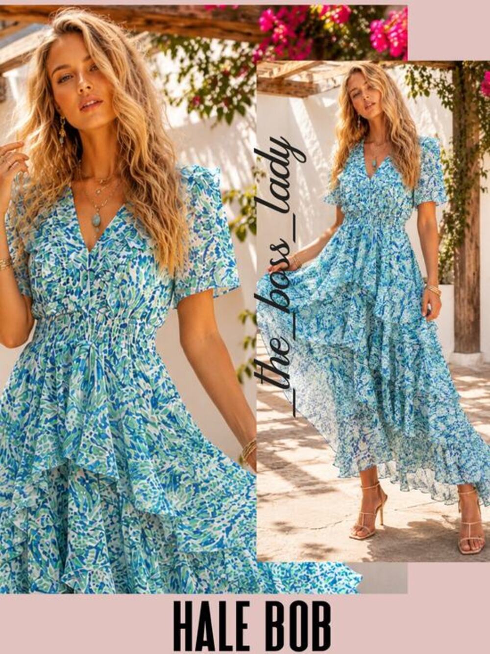 Hale Bob maxi dress tiered hi-low skirt chiffon print puff sleeve XS